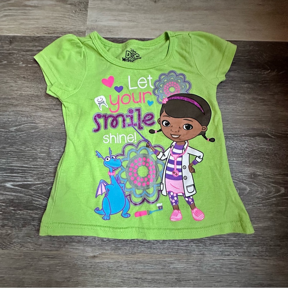 Disney Doc McStuffins Green Short Sleeve Tee with Cartoon Graphics 2T
